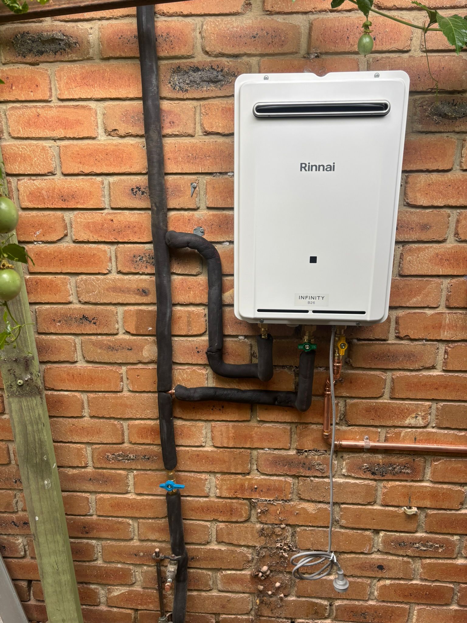 Rinnai Infinity continuous flow hot water system installed on brick wall Newport Melbourne